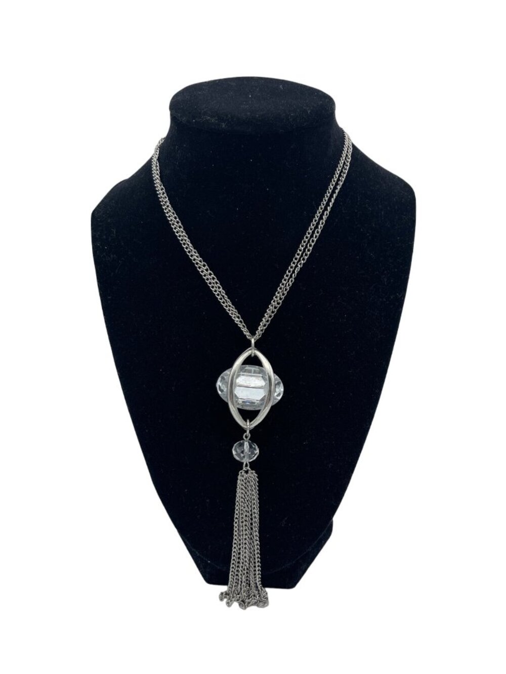 Silver Statement Pendant Necklace Multi-Layer Chain Clear Crystal Accent Tassel